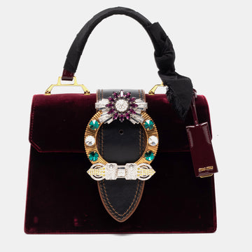 Miu Miu Burgundy Velvet and Patent Leather Crystal Embellished Flap Top Handle Bag