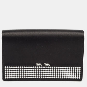 Miu Miu Black Satin Crystals Embellished Flap Clutch Bag