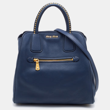 Miu Miu Blue Madras Leather Studded Handle Tote