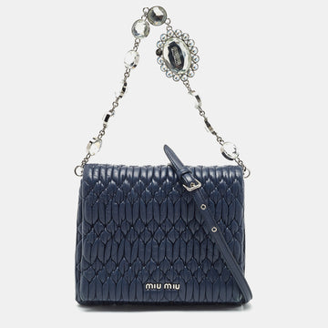 MIU MIU Navy Blue Matelasse Leather Crystals Chain Crossbody Bag