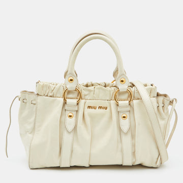 MIU MIU Cream Vitello Gathered Leather Tote