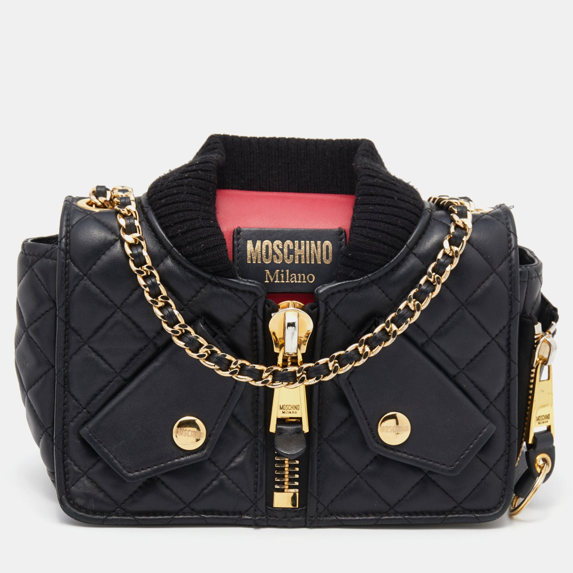 Moschino Black Red Quilted Leather Bomber Jacket Shoulder Bag