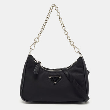 Prada Black Nylon and Saffiano Leather Re-Edition Mini Pouch Shoulder Bag