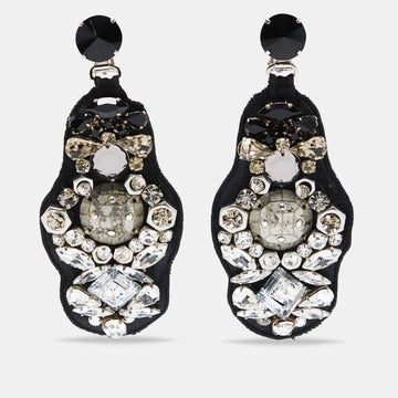 Prada Black Crystal Embellished Fabric Clip On Earrings