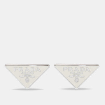 Prada Silver Logo Enamel Triangle Symbole Stud Earrings