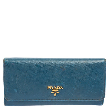 Prada Blue Saffiano Metal Leather Flap Continental Wallet