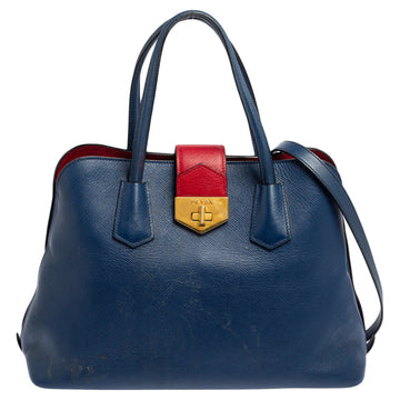 Prada Blue/Red Saffiano Leather Double Handle Tote