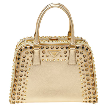 Prada Gold Saffiano Lux Leather Studded Pyramid Frame Satchel