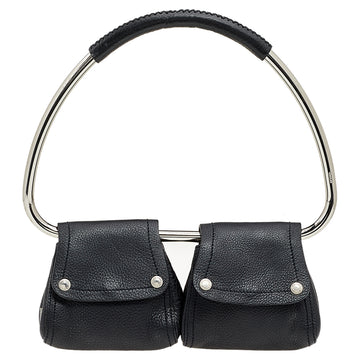 Prada Black Leather Silver Loop Top Handle Bag