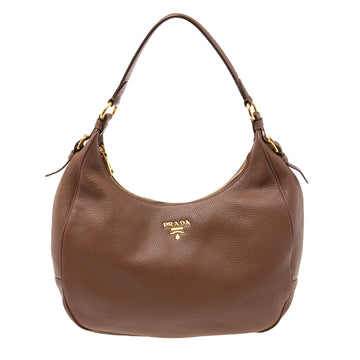 Prada Brown Vitello Daino Leather Logo Hobo