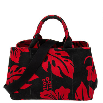 Prada Red/Black Hibiscus Print Canvas Canapa Tote