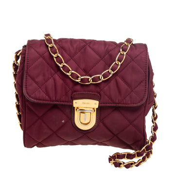 Prada Burgundy Quilted Satin Flap Chain Shoulder Bag