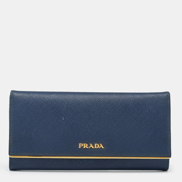 Prada Blue Saffiano Metal Frame Leather Flap Continental Wallet