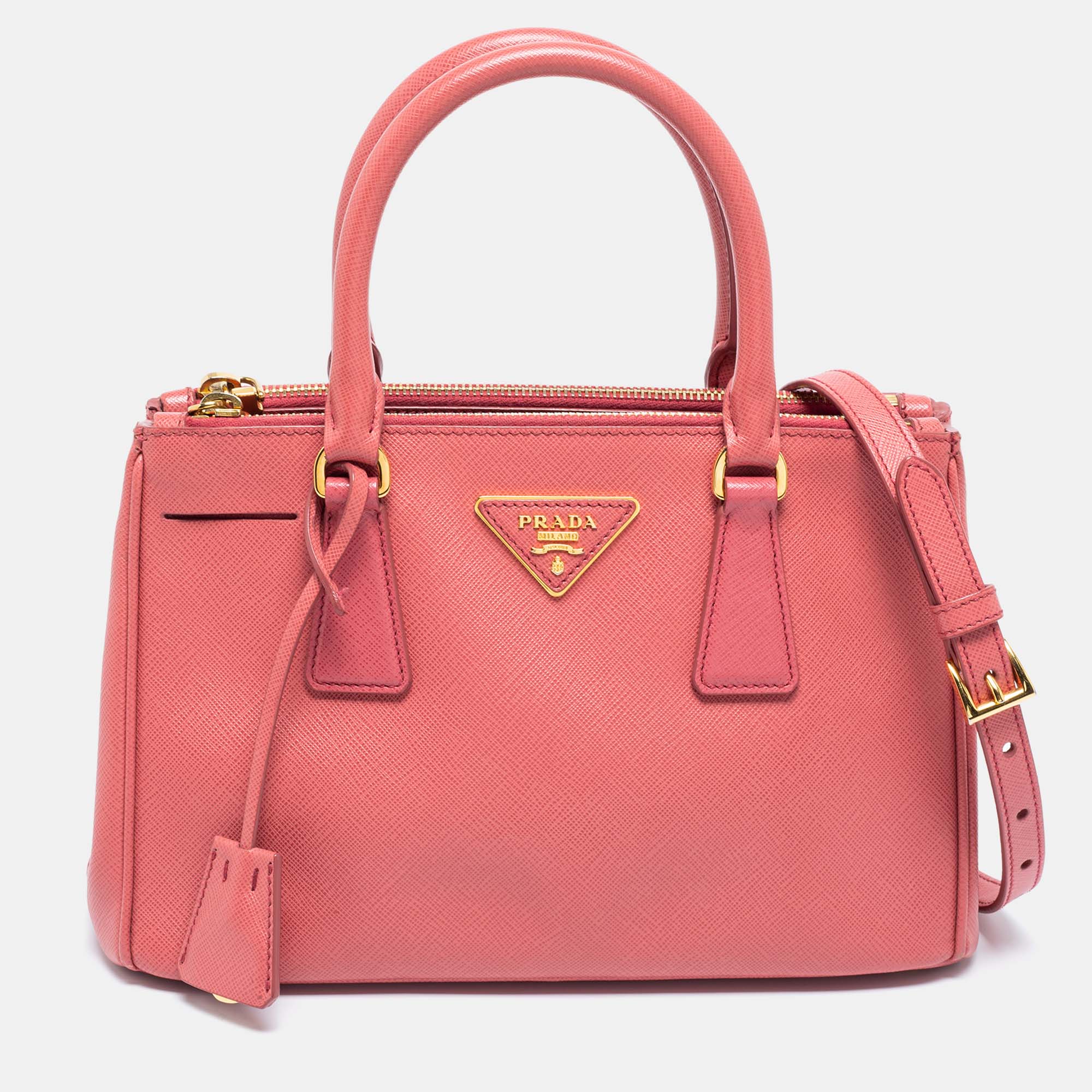 Prada Rose Pink Saffiano Leather Small Double Zip Tote