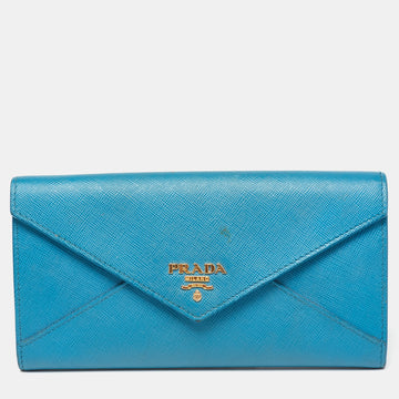 Prada Blue Saffiano Metal Leather Envelope Flap Continental Wallet