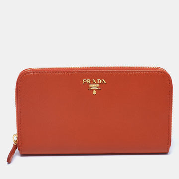 Prada Orange Saffiano Leather Zip Around Continental Wallet