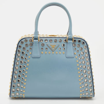 Prada Blue Saffiano Vernice Leather Crystal Pyramid Frame Satchel