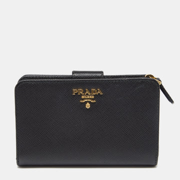 Prada Black Saffiano Metal Leather Logo French Wallet