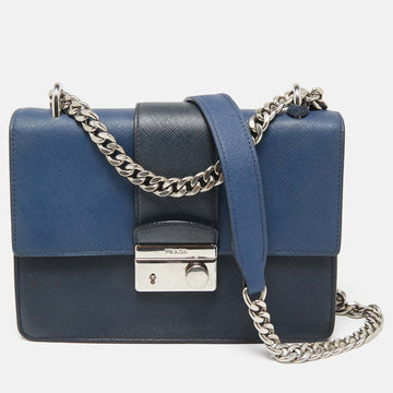 Prada Two-Tone Saffiano Leather Small Sound Flap Chain Shoulder Bag