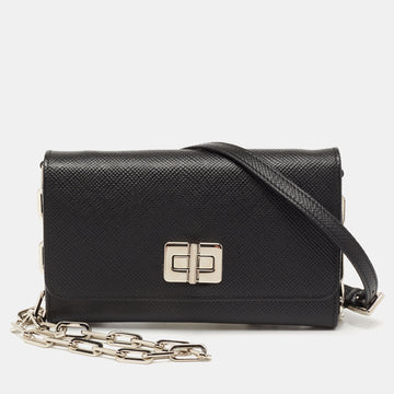 Prada Black Saffiano Lux Leather Turnlok Flap Wallet on Chain