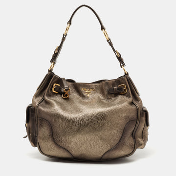 Prada Metallic Moss Vitello Daino Leather Side Pocket Hobo