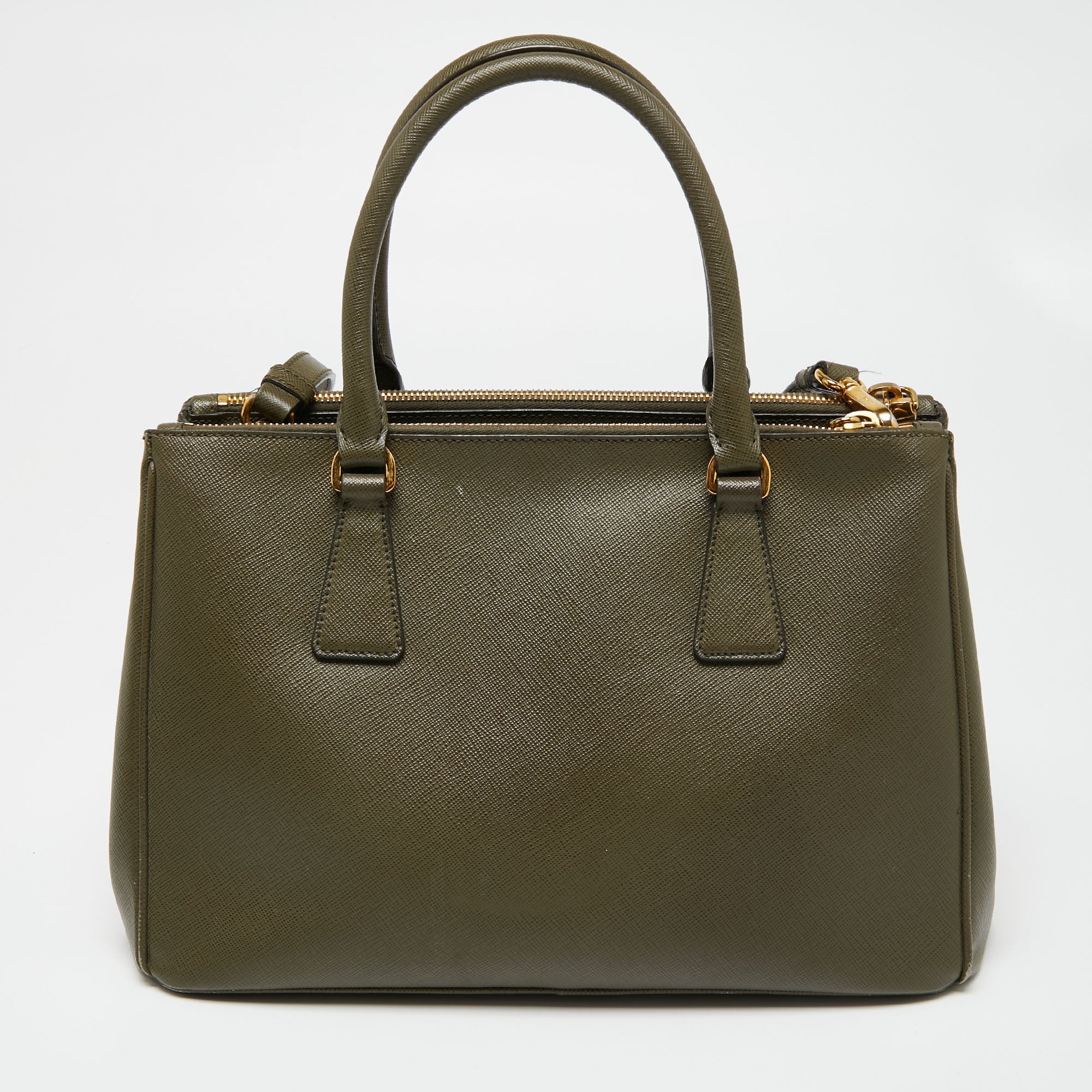 Prada Olive Green Saffiano Leather Double Zip Galleria Tote