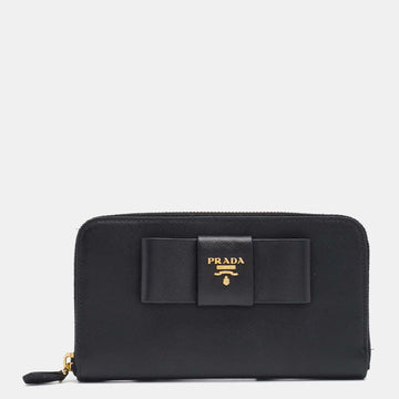 Prada Black Saffiano Leather Bow Zip Around Wallet