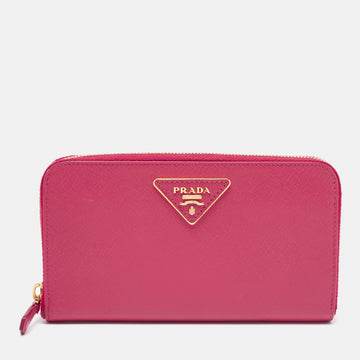 Prada Pink Saffiano Lux Leather Zip Around Wallet