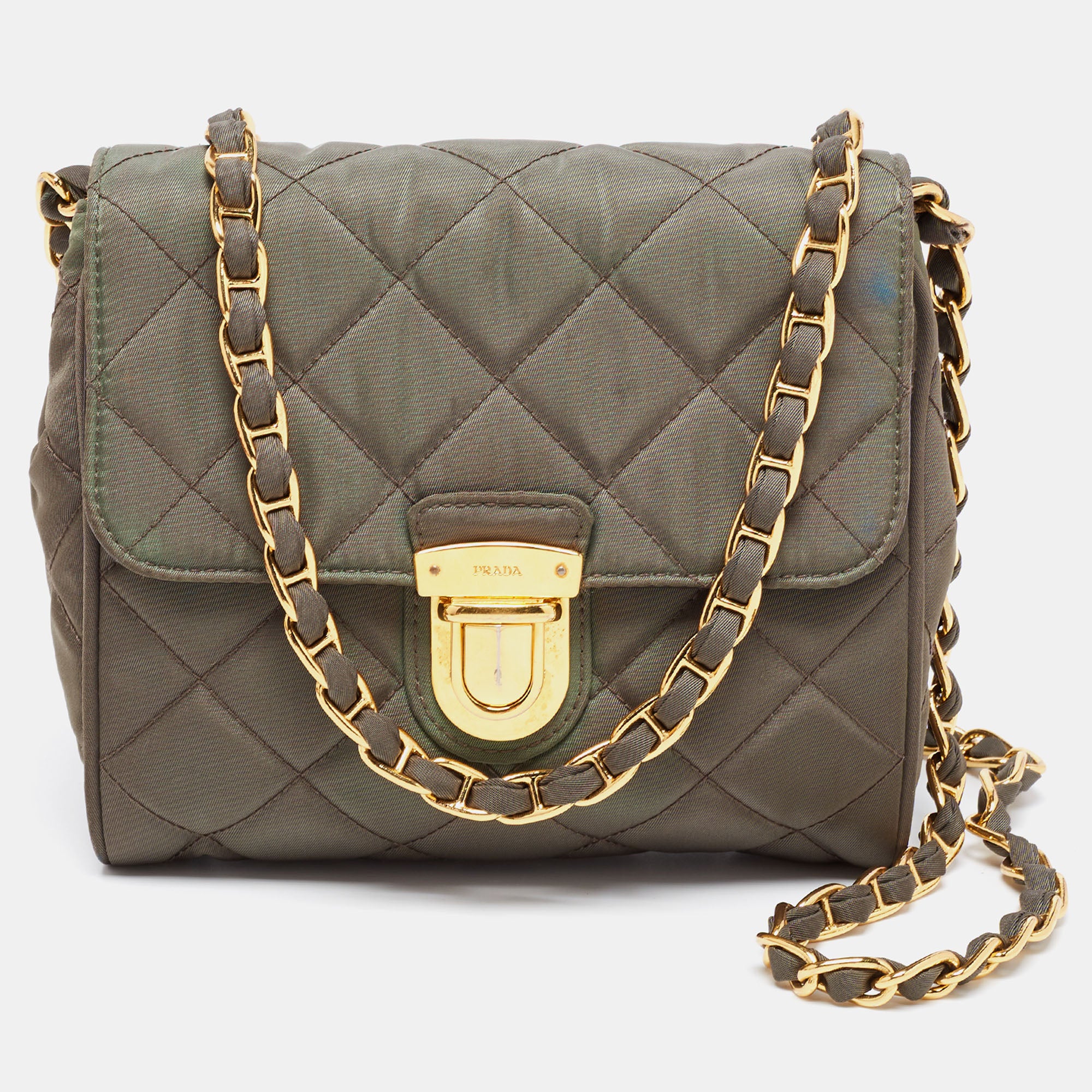 Prada Olive Green Quilted Nylon Pushlock Crossbody Bag