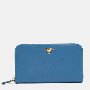 Prada Blue Saffiano Lux Leather Zip Around Wallet