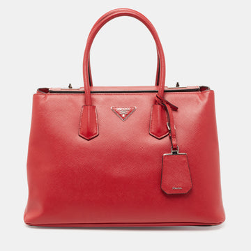 Prada Red Saffiano Cuir Leather Large Twin Tote