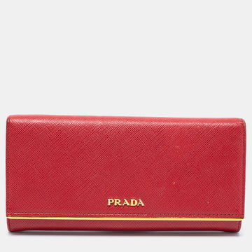 Prada Red Saffiano Leather Metal Bar Flap Continental Wallet