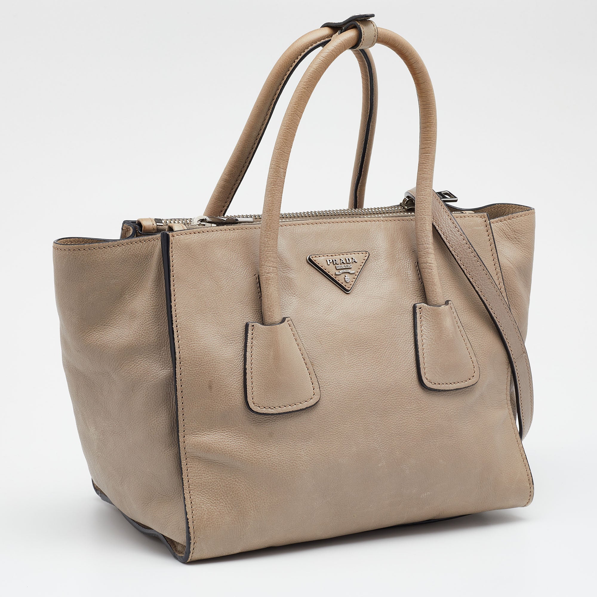 Prada Beige Glace Leather Twin Pocket Double Handle Tote