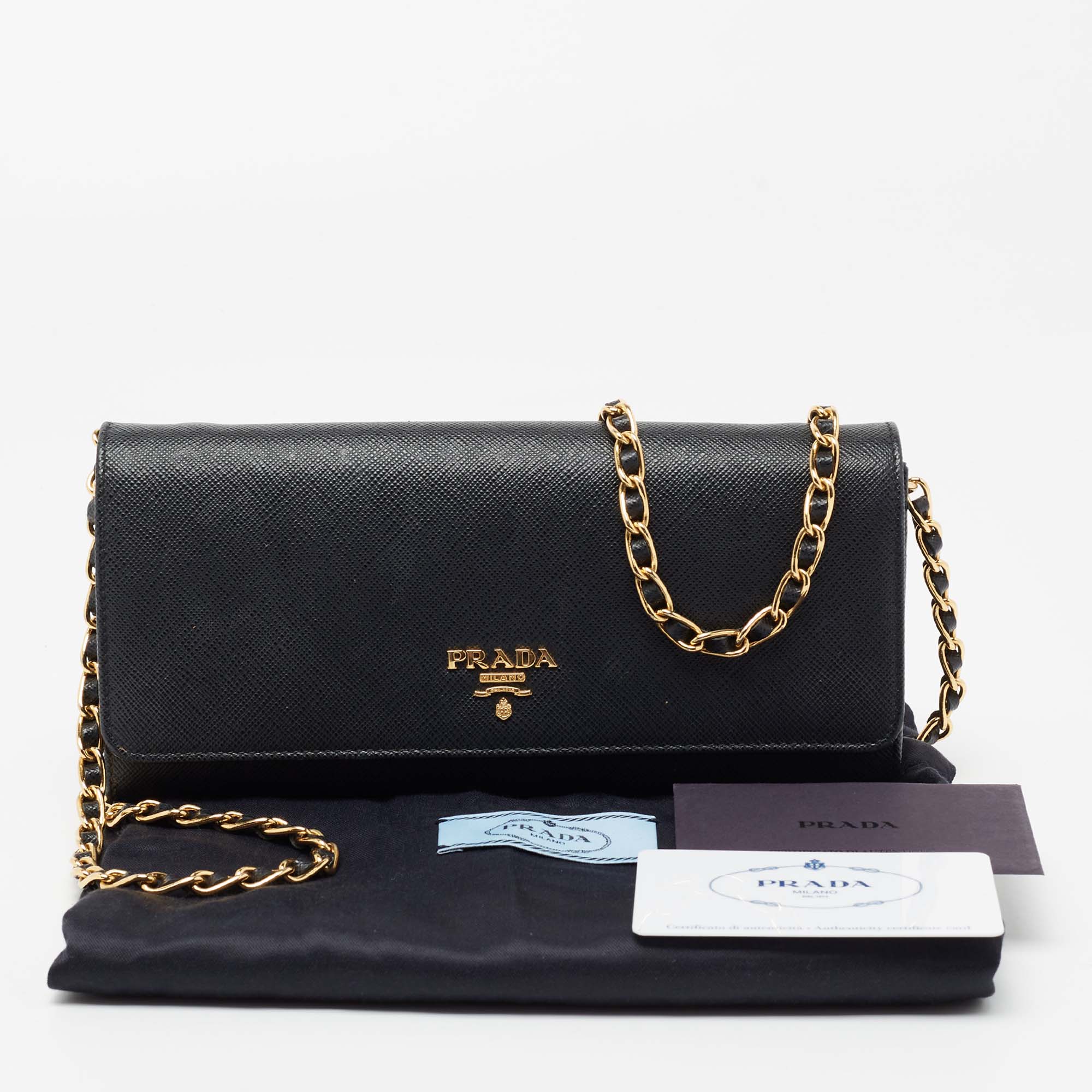 Prada Black Saffiano Metal Leather Wallet on Chain