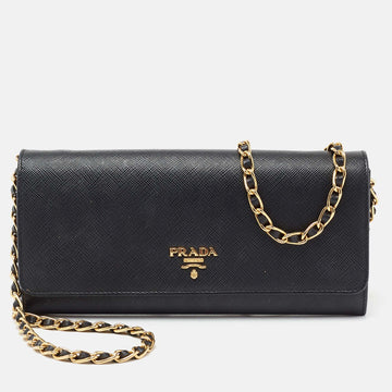 Prada Black Saffiano Metal Leather Wallet on Chain