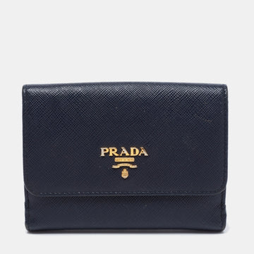 Prada Navy Blue Saffiano Metal Leather French Compact Wallet