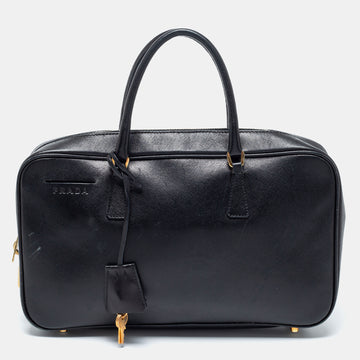 Prada Black Saffiano Leather Zip Bauletto Satchel