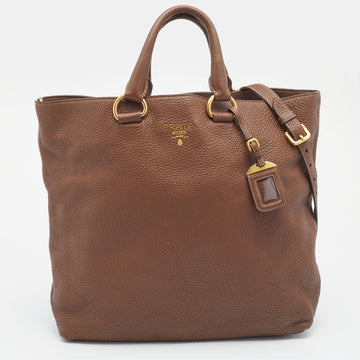 Prada Brown Vitello Daino Side Zip Shopping Tote