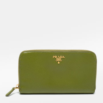 Prada Green Saffiano Metal Leather Zip Around Wallet