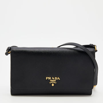 Prada Black Saffiano Leather Wallet On Strap