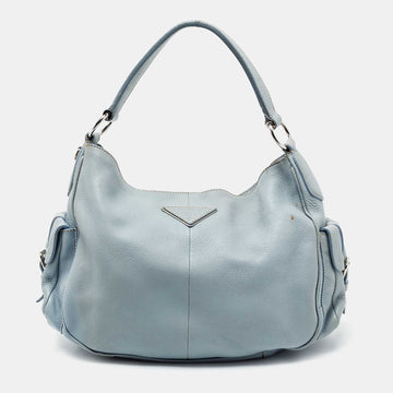 Prada Blue Leather Vitello Daino Side Pocket Hobo