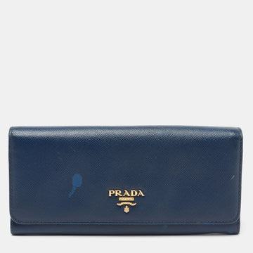 Prada Navy Blue Saffiano Metal Leather Logo Flap Continental Wallet