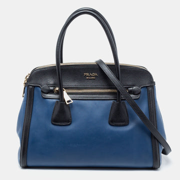 Prada Blue/Black Saffiano and Leather Double Zipped Satchel