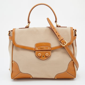 Prada Beige/Tan Canvas and Cinghiale Leather Top Handle Bag