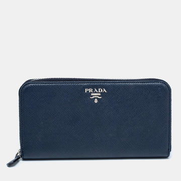 Prada Navy Blue Saffiano Leather Zip Around Wallet