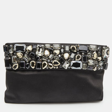 Prada Black Satin Crystal Embellished Clutch