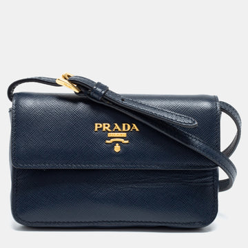 Prada Blue Saffiano Leather Wallet On Strap