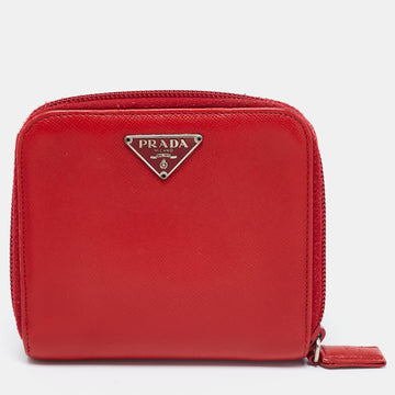 Prada Red Saffiano Leather Zip Around Compact Wallet