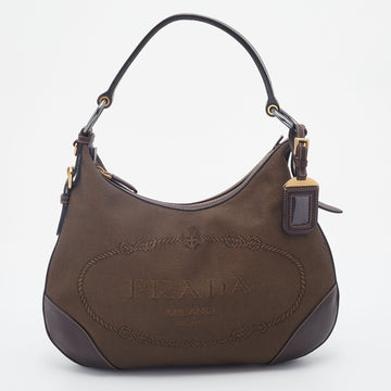 Prada Brown Logo Jacquard And Leather Hobo