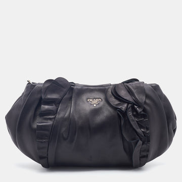 Prada Black Leather Ruffle Shoulder Bag